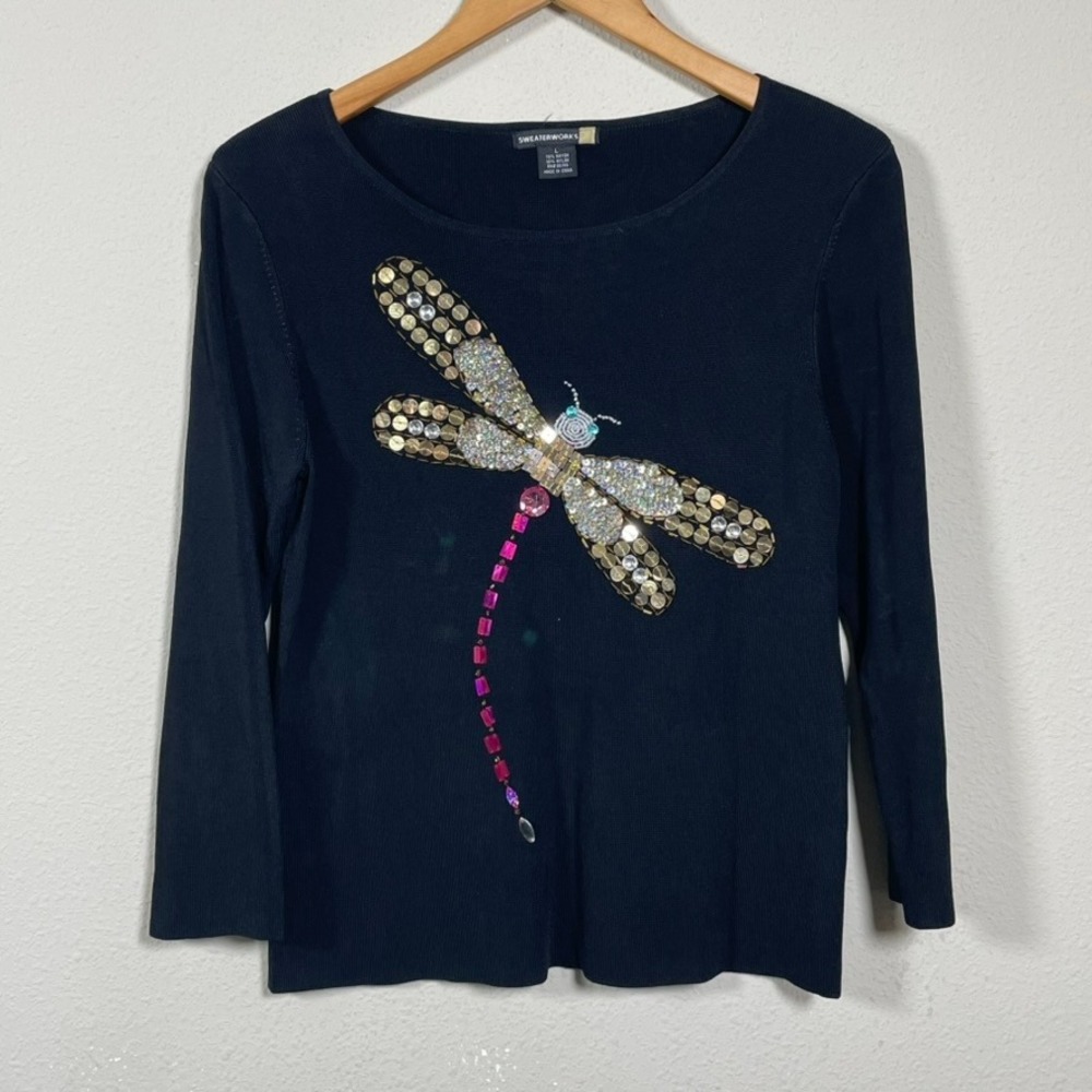 Sweaterworks Pullover Top Women L Black Whimsical Dragonfly Sequin Embellished